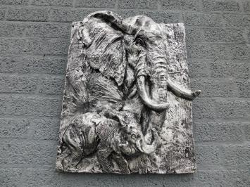 Wandteller mit 2 Elefanten in 3D - Silber/Schwarz - Polystone